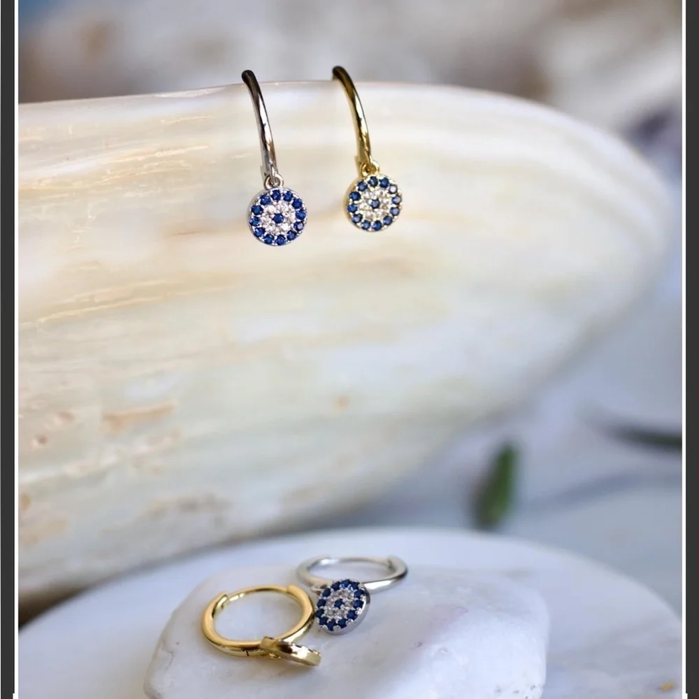 925 sterling Silver Evil Eye Dazzling Blue  Crystal Earrings